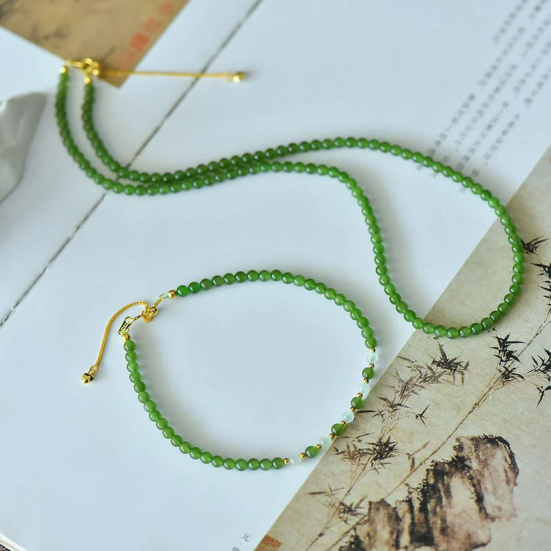 凌云阁 和田玉碧玉 时尚气质 小米珠 项链+脚链