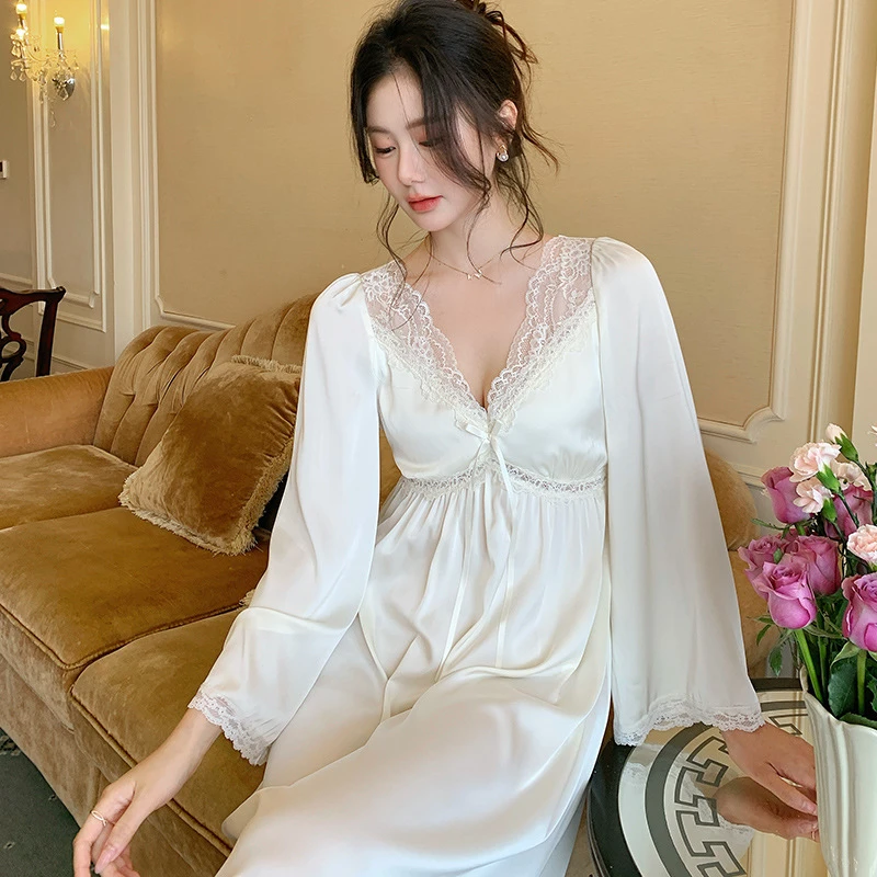【月光甜心】法式长款冰丝睡裙女士春季长袖甜美宫廷公主风裙子搭配