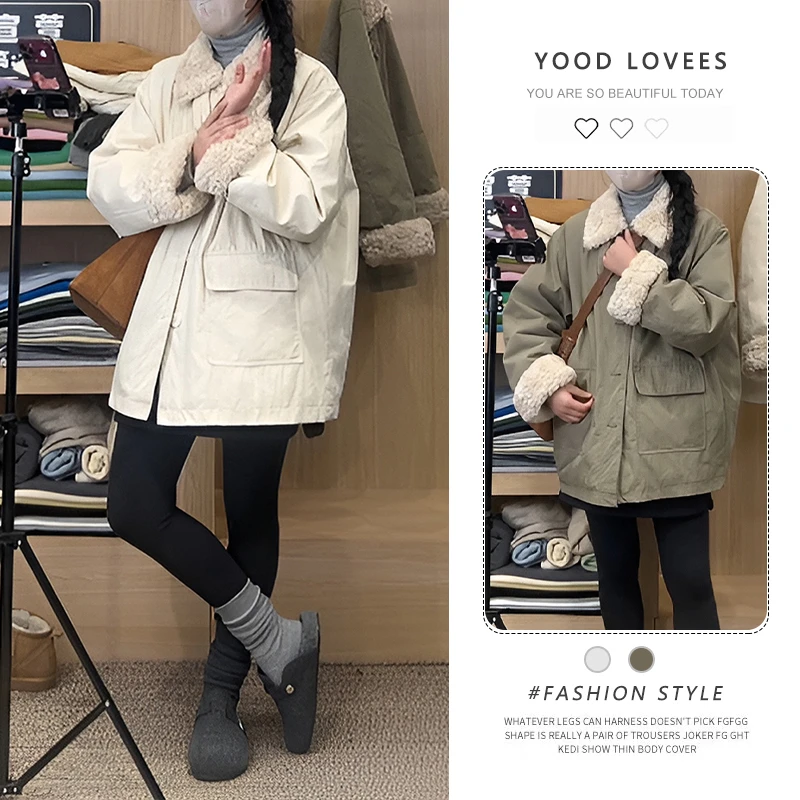 毛毛拼接单排扣时尚短外套女加厚2025秋冬季宽松百搭设计感大衣潮