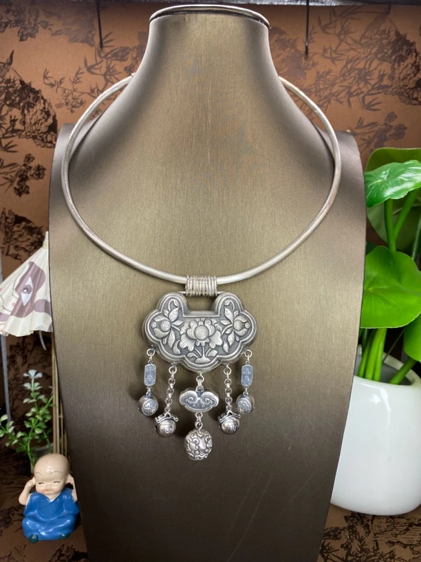 坠链均足银 小郑家纯银手工錾刻复古项圈