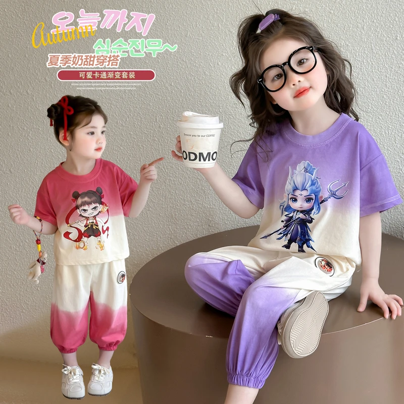 可爱风女童夏季短袖套装洋气女孩轻薄夏装休闲两件套宝宝哪吒衣服