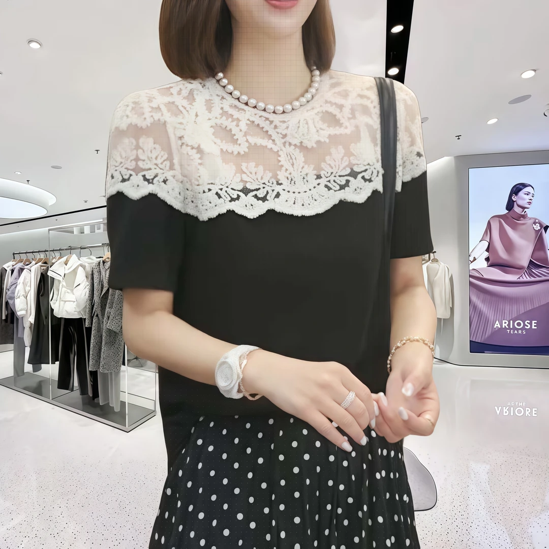 春季宽松气质蕾丝拼接短袖女2025新款黑色圆领法式高级感显瘦上衣