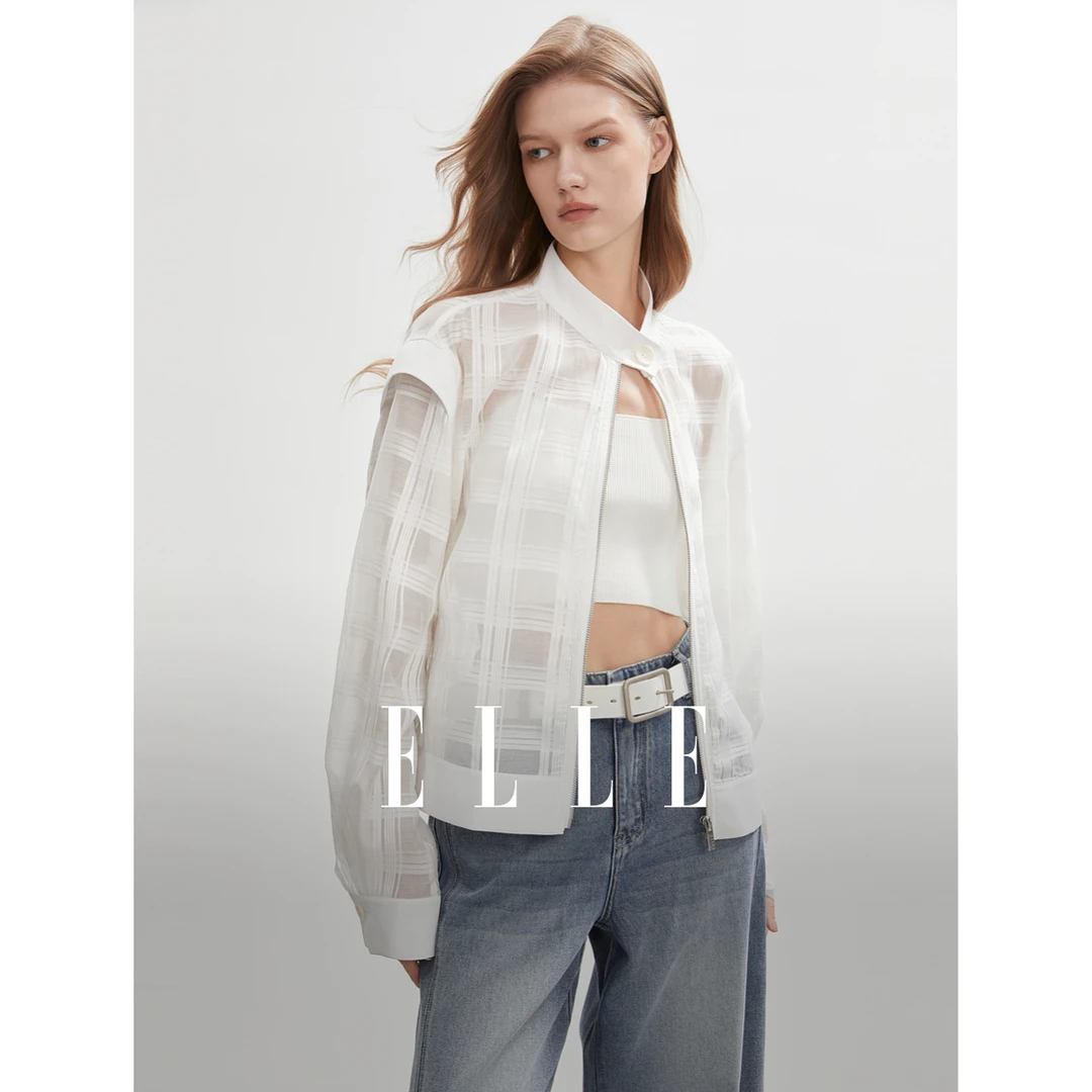 ELLE白色格纹设计感柔软外套女2025夏季新款优雅EF51116
