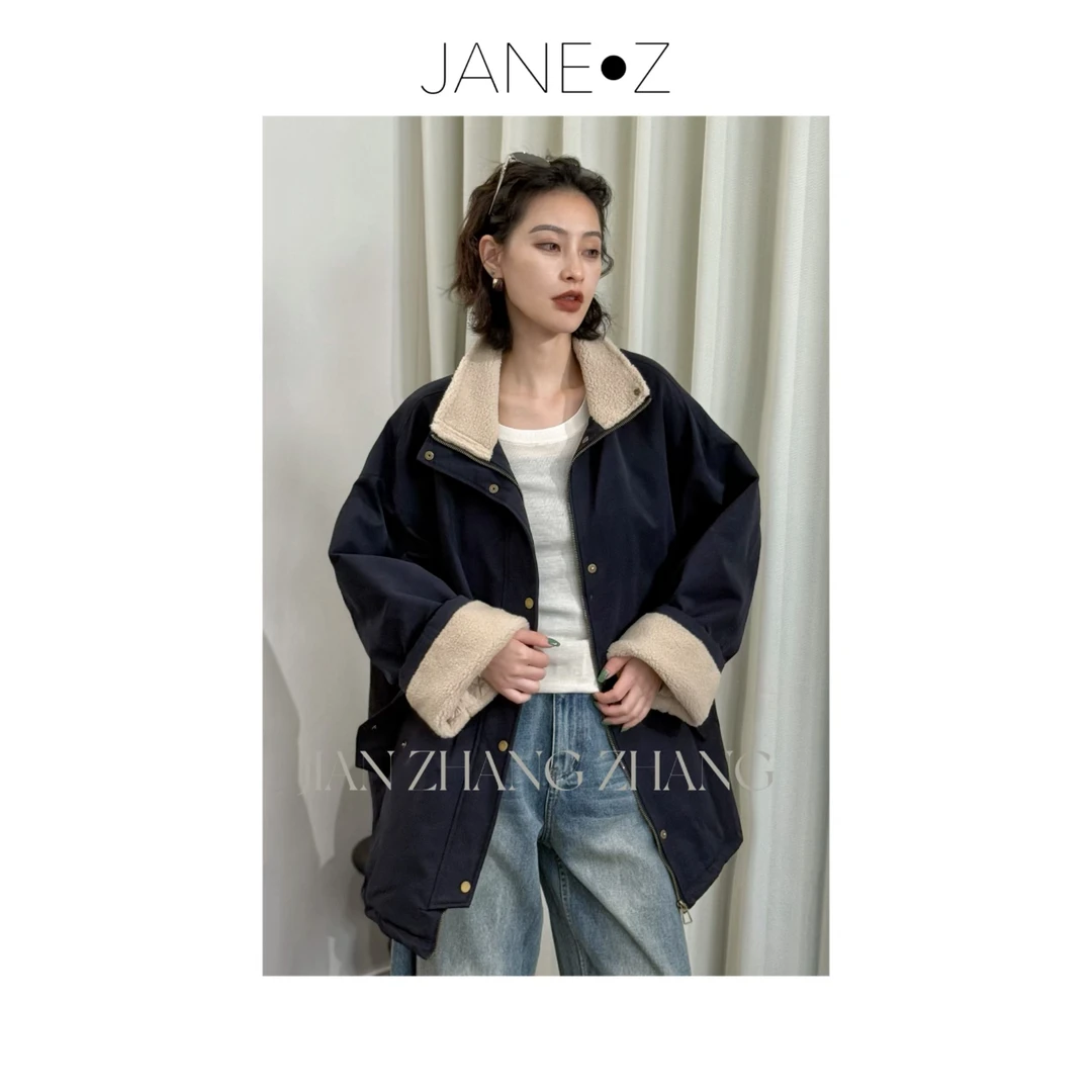 【悉尼晨光】慵懒风羊羔毛工装拼接立领中长款棉服外套JZ6596