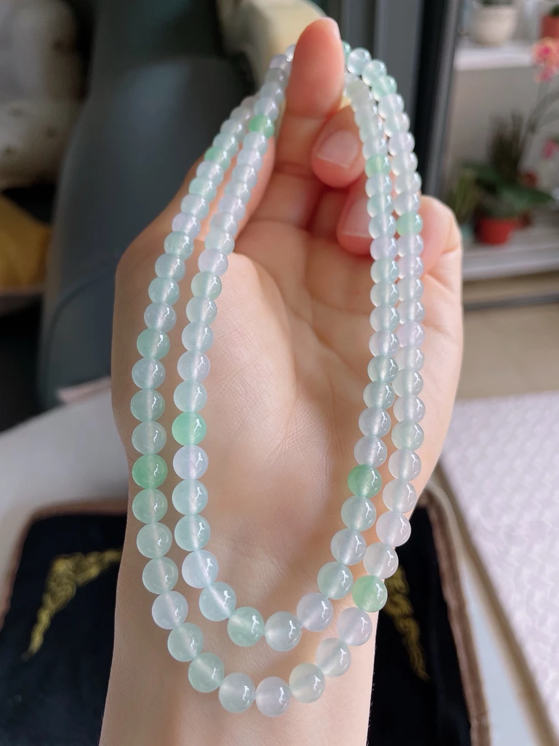 天然翡翠A货冰种飘绿双彩圆珠项链珠链卡6mm108颗缅甸玉石-1951
