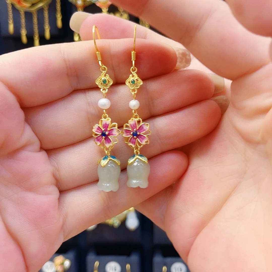 和田玉银S925镀金镶嵌耳饰