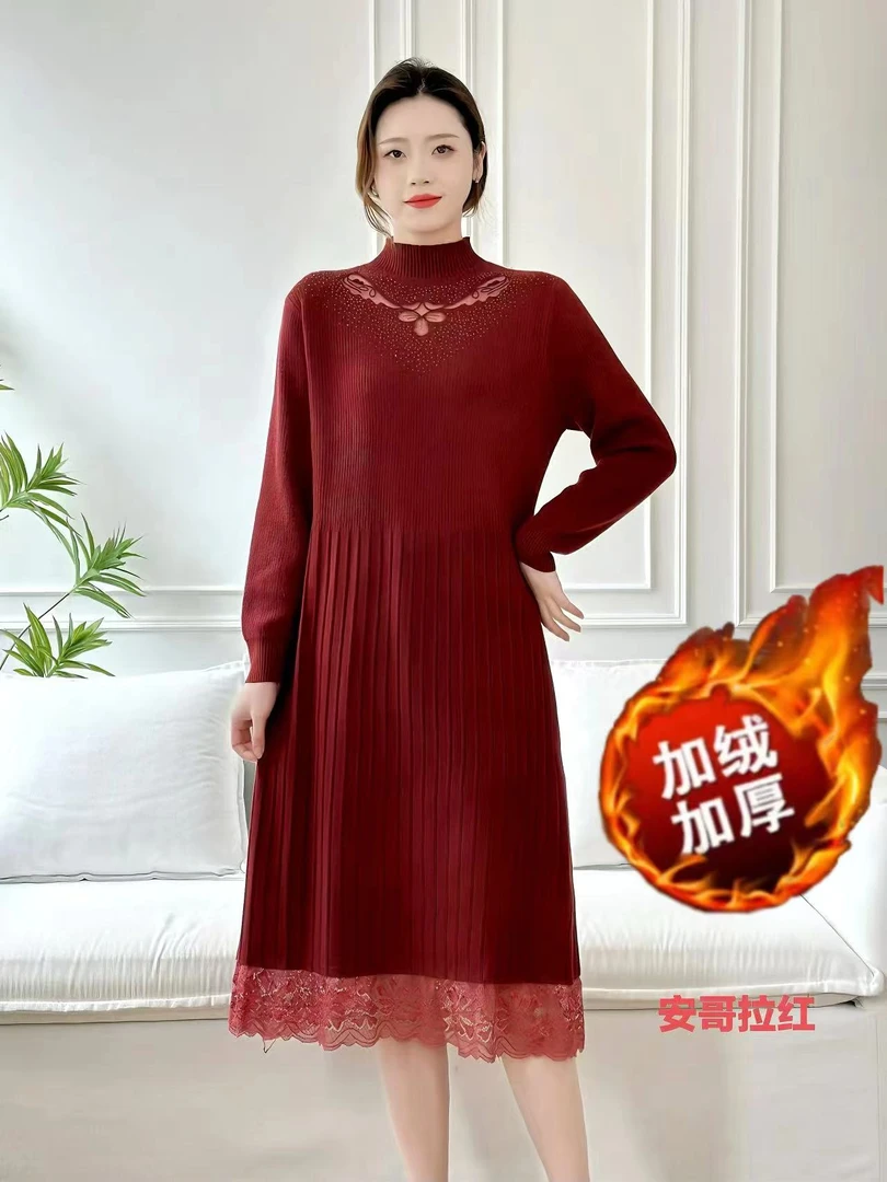 【云绣阁】5621新款中高领针织毛线裙下摆蕾丝气质显瘦连衣裙宽松