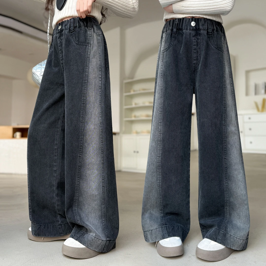 女童秋季新款时尚直筒阔腿裤2025女大童洋气宽松牛仔裤女孩时髦潮