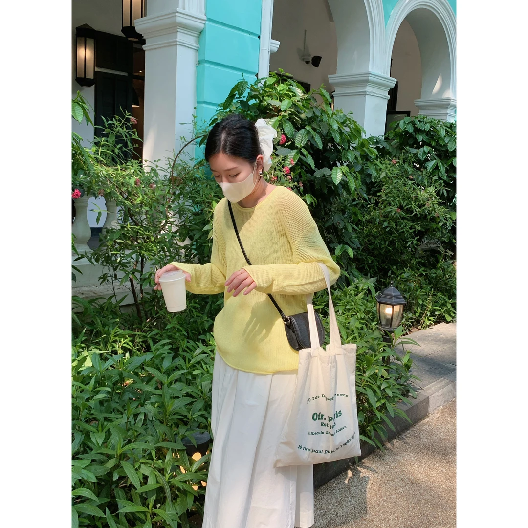 2025夏日简约套头针织衫法式慵懒风镂空圆领薄款设计感宽松上衣女