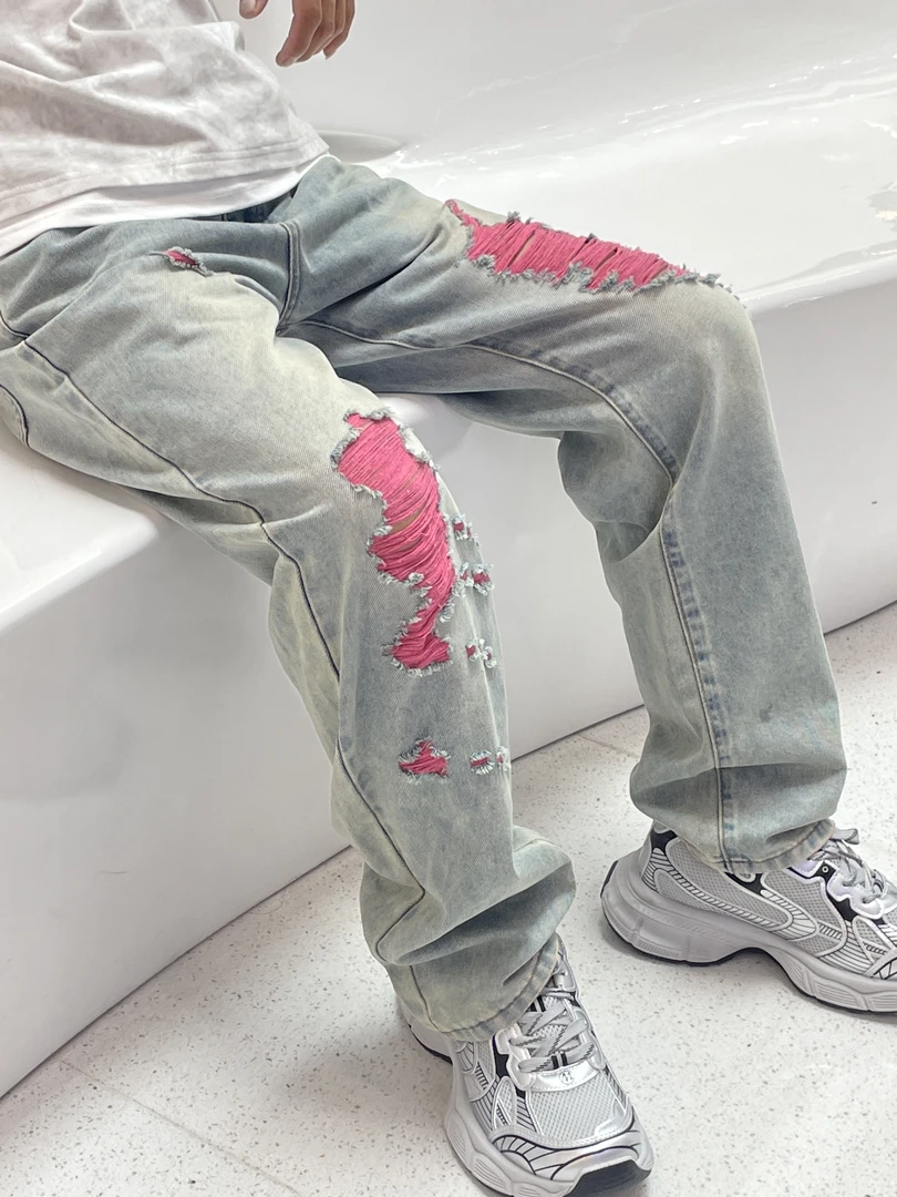 欧美高街vibe裤子男女设计感毛边破洞乞丐牛仔裤直筒宽松阔腿长裤