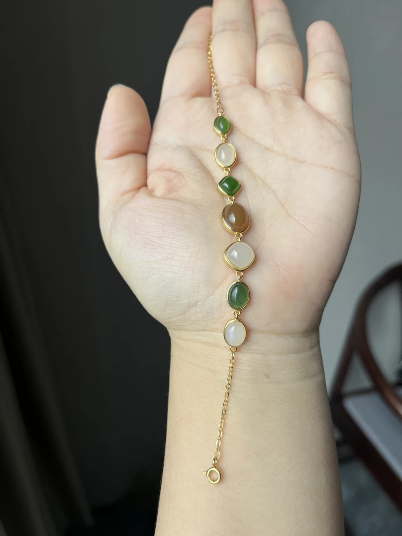 S925银镀金和田玉古风个性百搭白色轻奢手链