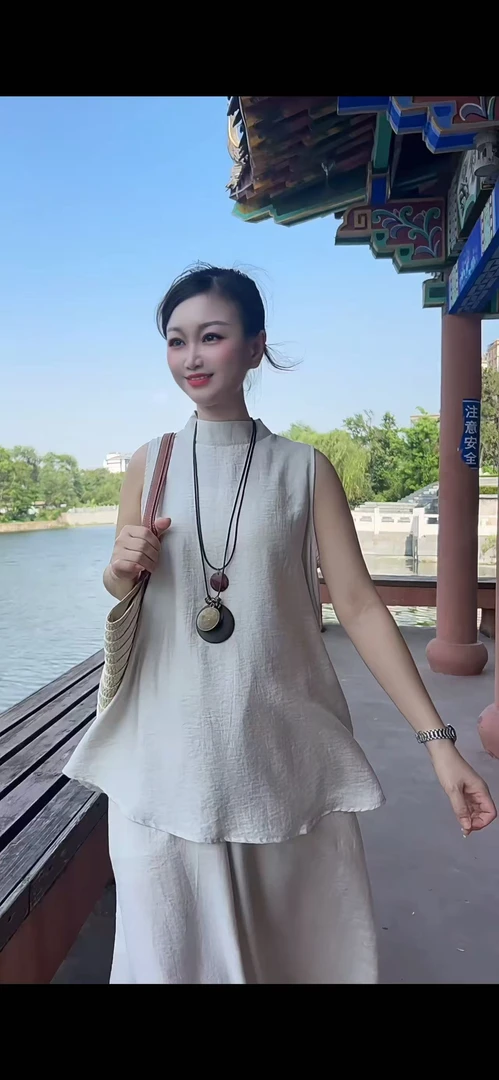 休闲时尚宽松套装女2025夏季新款无袖背心阔腿裤遮肚藏肉两件套