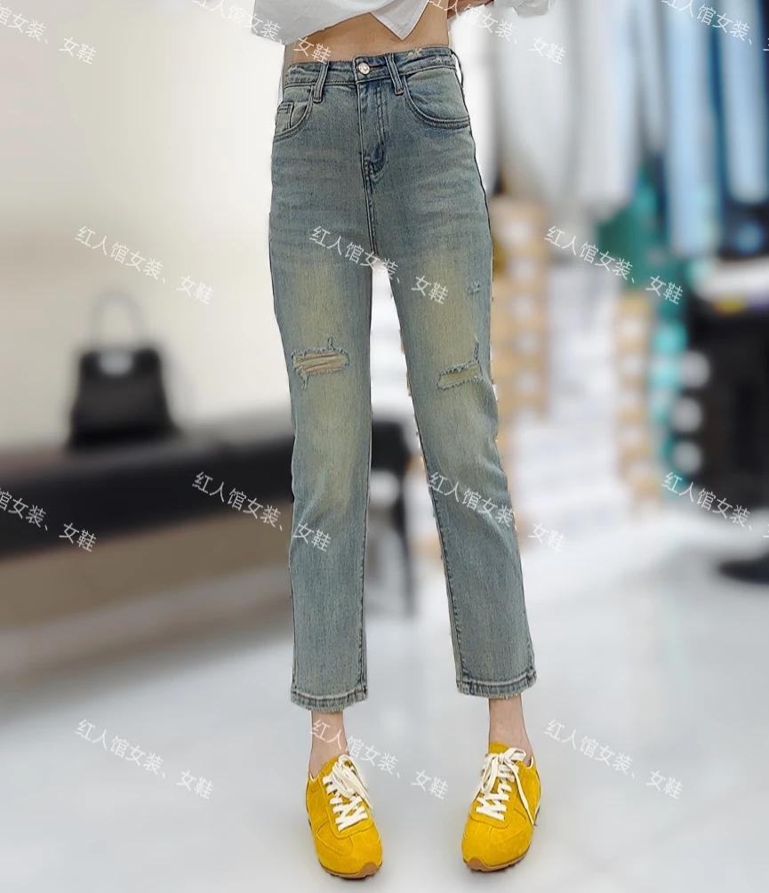 861低调贵气感两腿磨破洞蓝色牛仔烟管裤800