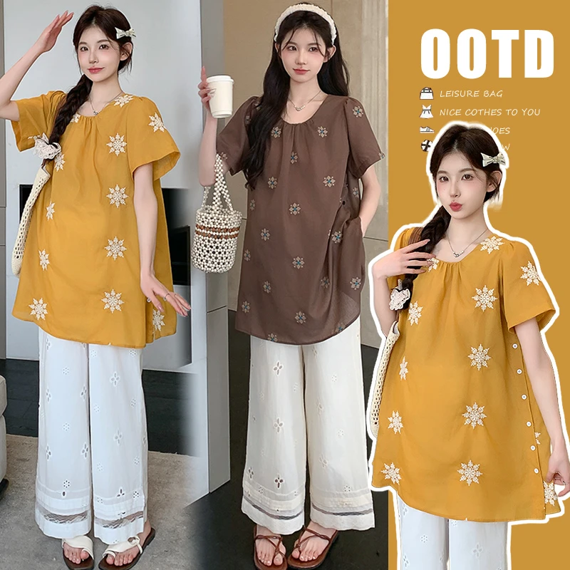 时尚孕妇夏季新款短袖A字宽松小衫搭刺绣钩花镂空直筒抽绳休闲裤