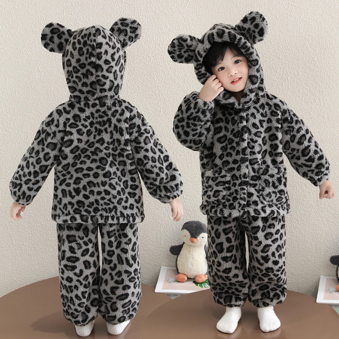 儿童豹纹2025新款珊瑚绒加厚睡衣男童秋冬款法兰绒连帽家居服套装