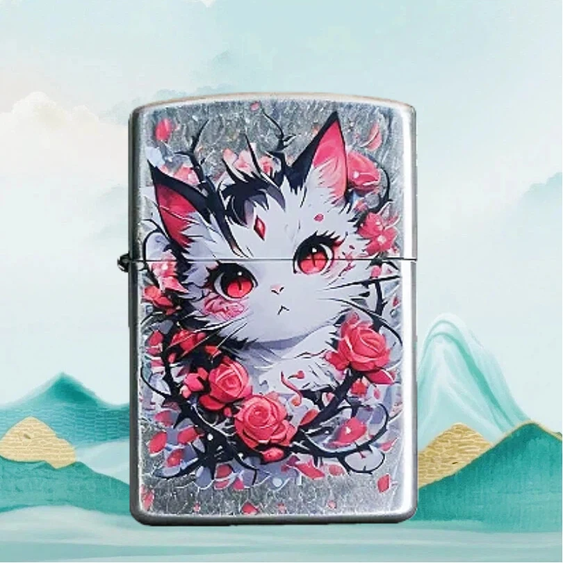 玫瑰花猫煤油防风打火机男士送男友达人c1899无油