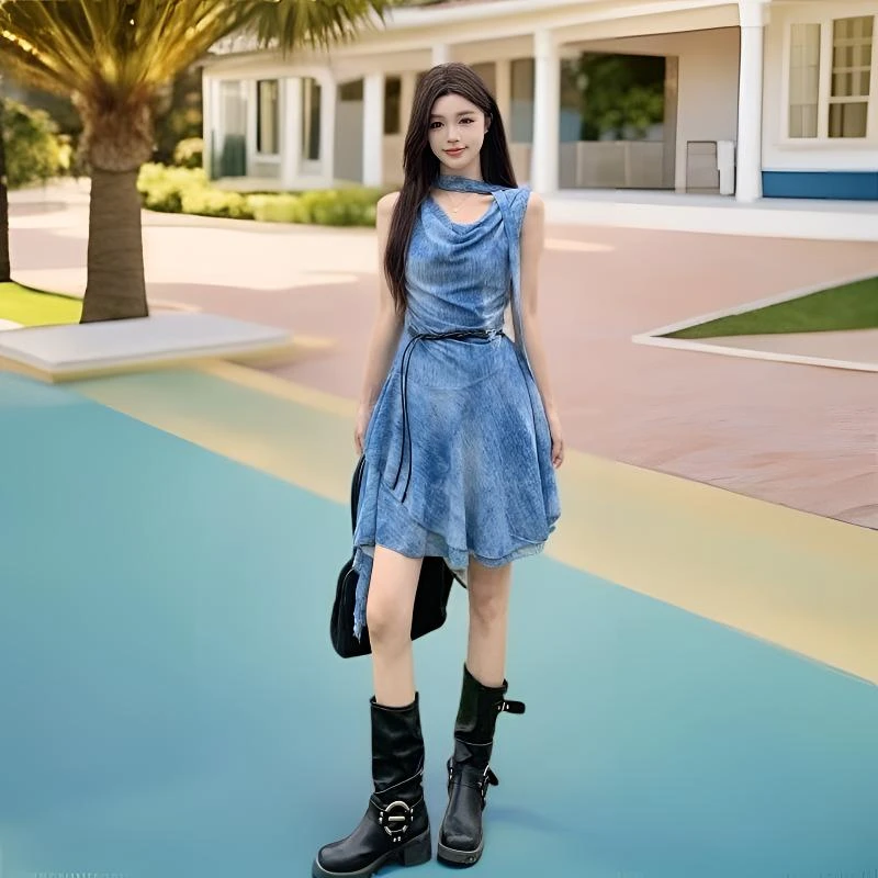 设计感两穿荡领飘带蓝色夏季小众显瘦不规则短裙a字连衣裙