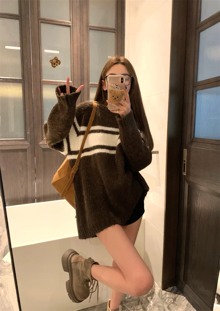 长袖宽松秋冬圆领撞色韩版毛针织衫百搭秋季针织条纹女A499#上衣