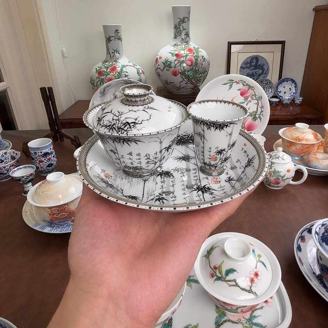 墨竹杯子盖碗壶承三件套