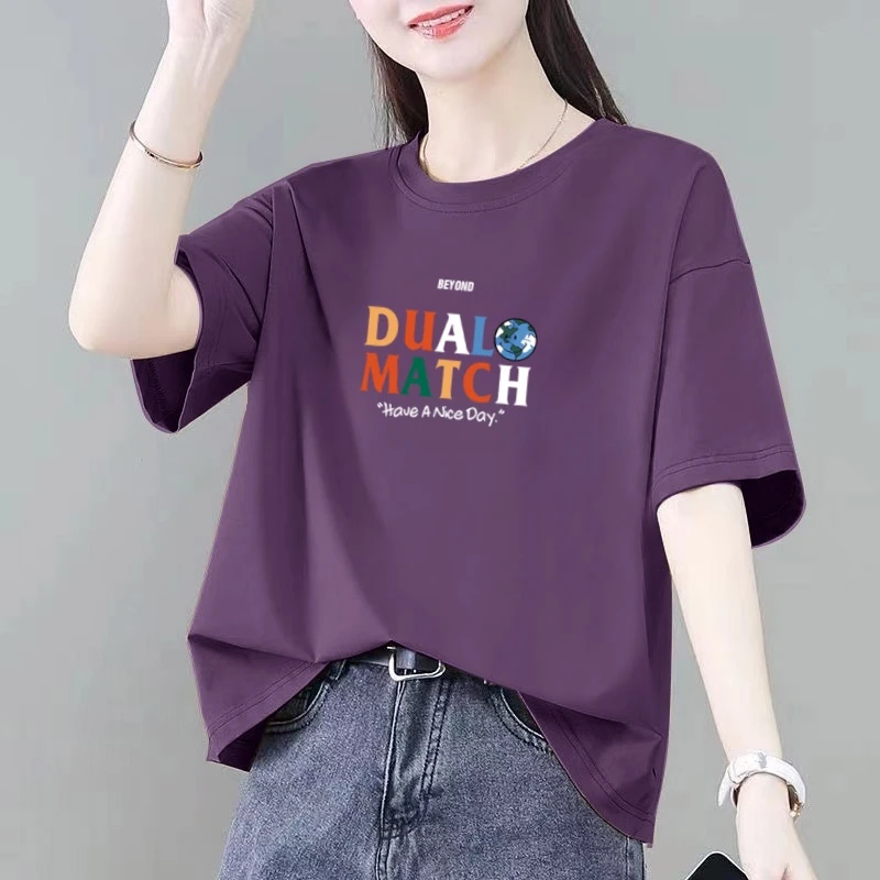 2025夏季时尚潮牌100%纯棉短袖t恤女百搭大码宽松版休闲减龄上衣