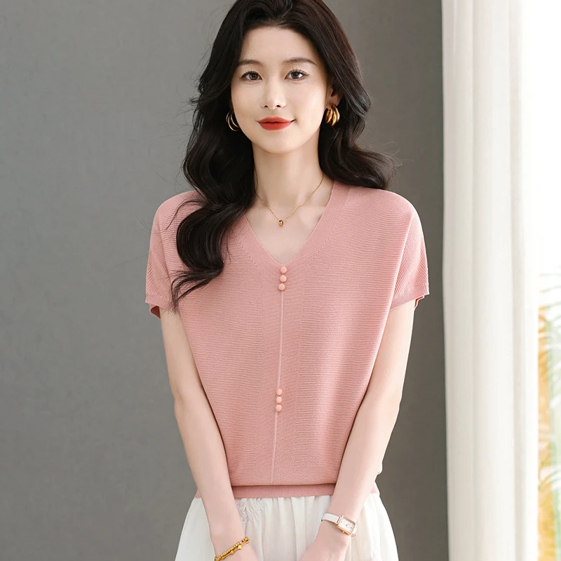 2025夏季新款V领短袖T恤女高级感纯色显瘦薄款气质洋气半袖上衣