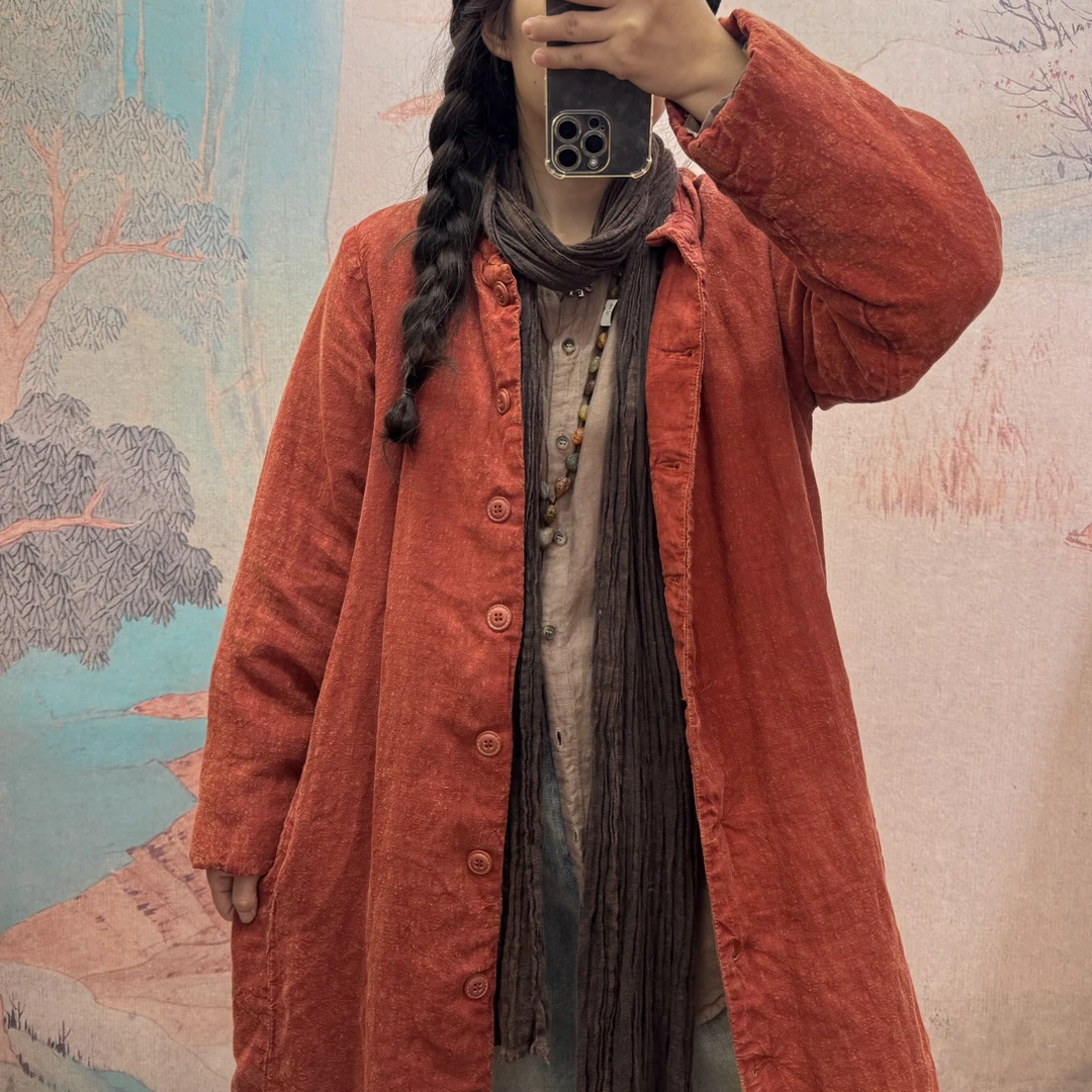 8206 文艺立领 修身显瘦 亚麻 冷染炒色 冬季中长款棉 保暖棉袄