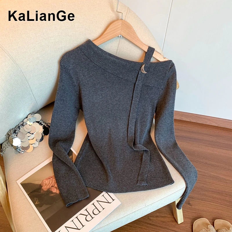 卡莲格/简约斜肩纯色气质上衣女秋季韩系修身显瘦百搭长袖针织衫