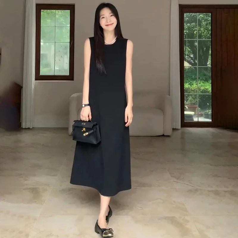 夏季经典时尚中长款小黑裙百搭宽松显瘦长款连衣裙
