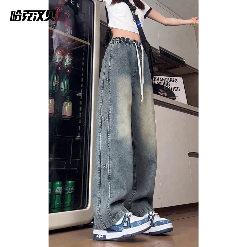 美式高街铆钉拼接做旧水洗复古牛仔裤直筒夏季薄款宽松显瘦大码裤