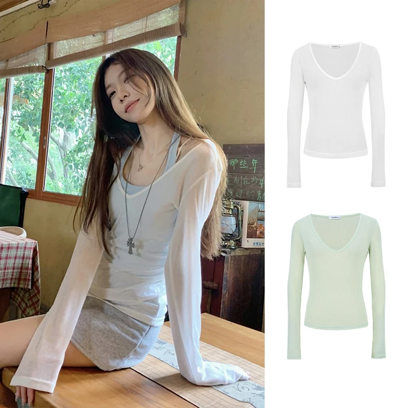 Moses Queen/魔西女王夏季慵懒风长袖t恤防晒衫薄款内搭吊带背心