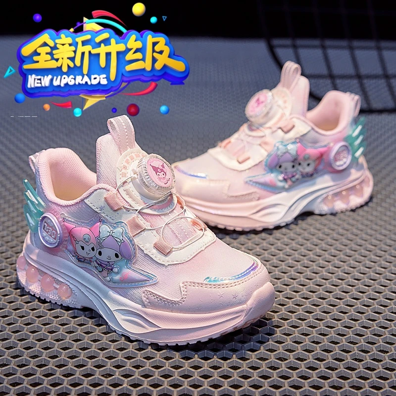春秋季女童新款网面透气发光亮灯鞋儿童纽扣轻便软底库洛米运动鞋