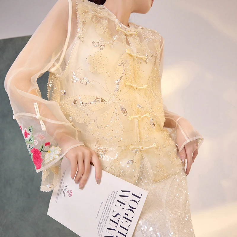 新中式国风花朵刺绣亮片重工绣珠气质高级感马甲衬衫套装女 M4133