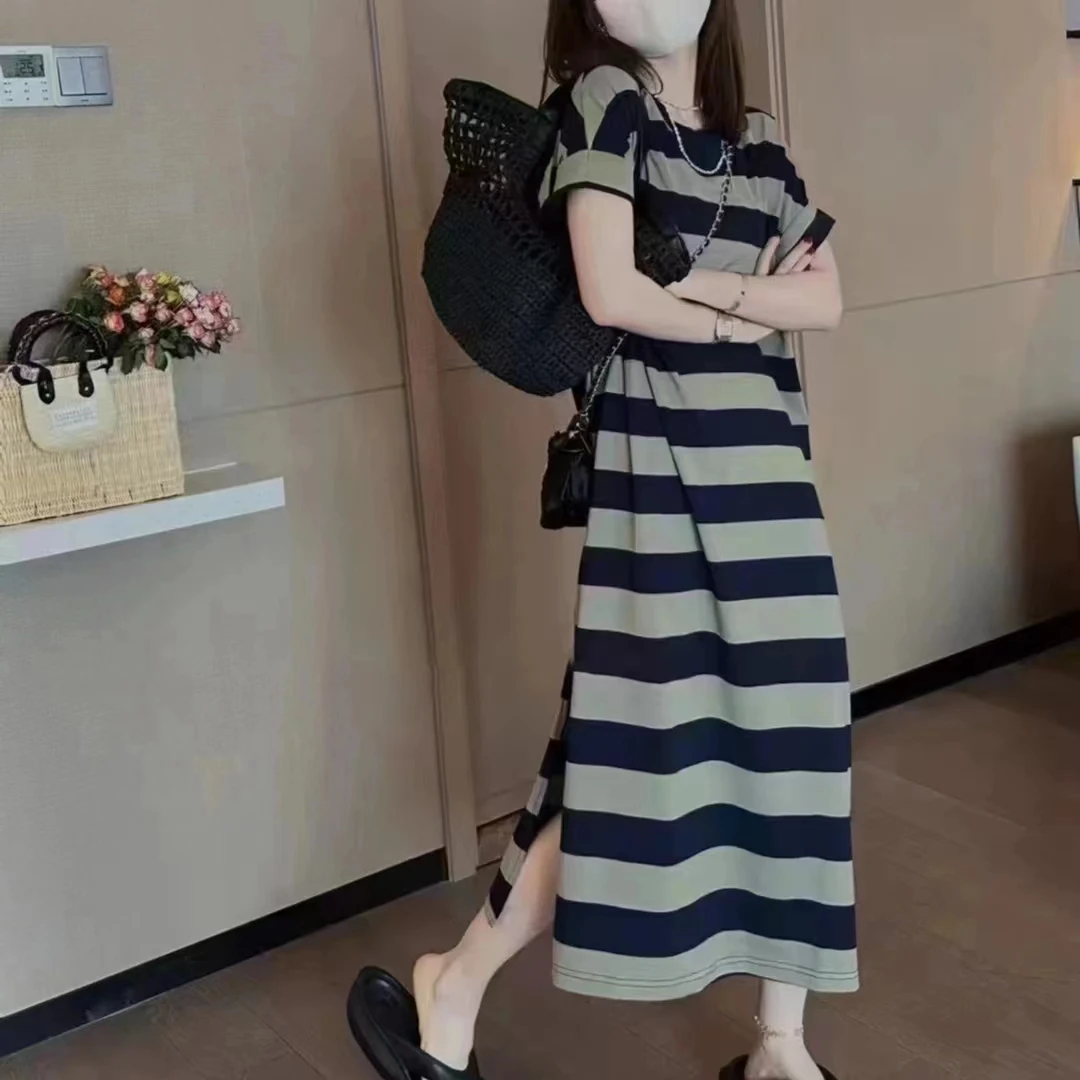 KKJ 欧洲站夏季新款慵懒风条纹撞色中长款侧开叉连衣裙过膝长T裙