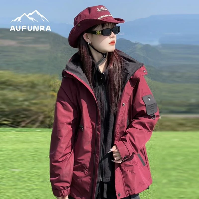 .AUFUNRA外套2025春秋情侣工装冲锋衣加绒拆卸服三合一户外男女.