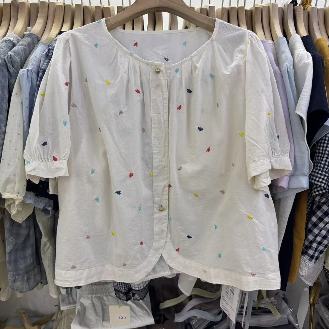 0073#夏季小清新刺绣爱心短袖衬衫女宽松休闲气质小衫