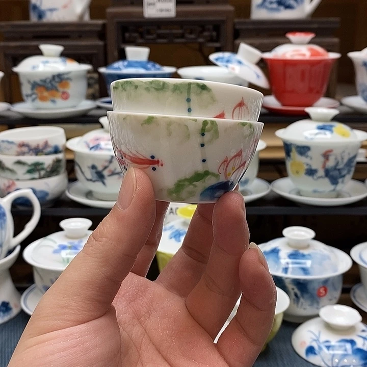 手绘微瑕荷花杯子两个装