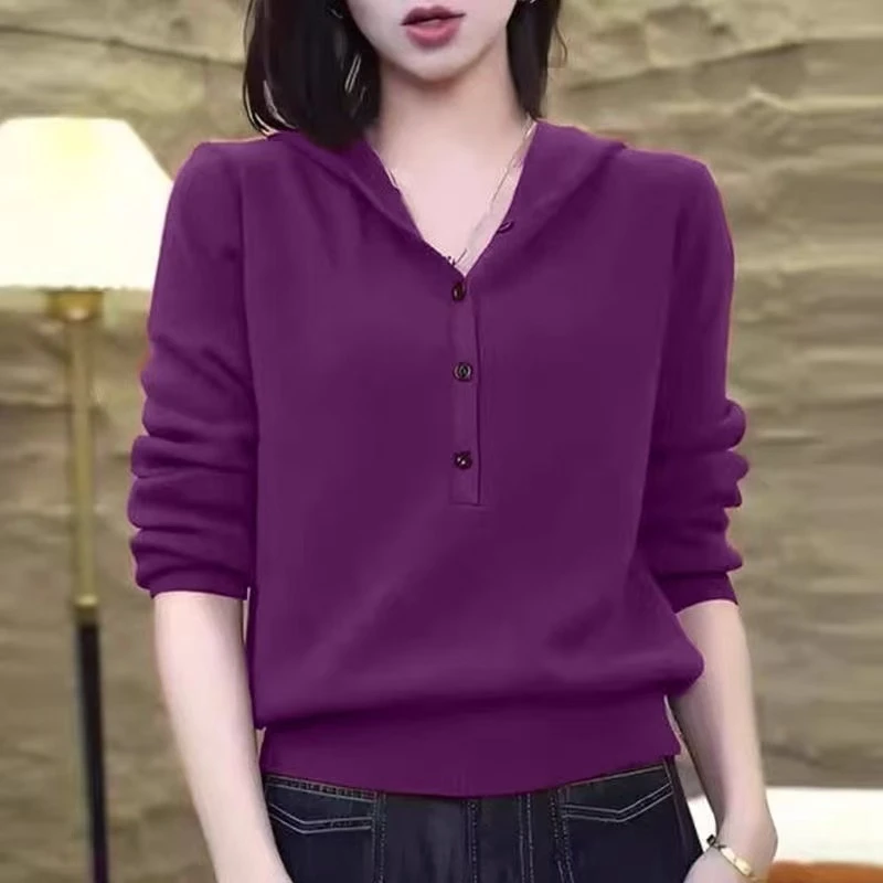 【专柜大码】复古风连帽长袖针织衫女春秋款百搭宽松显瘦洋气上衣女