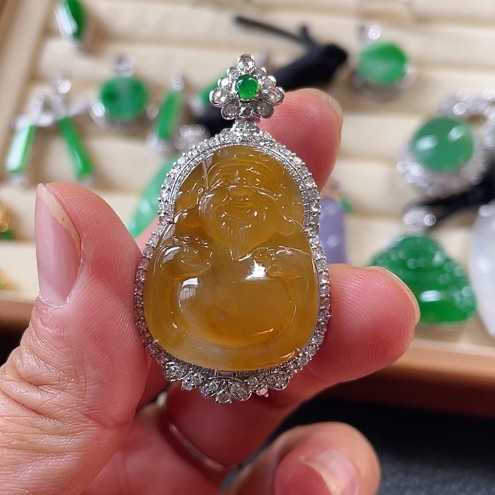 翡翠18K金镶嵌吊坠(不含链)黄翡财神