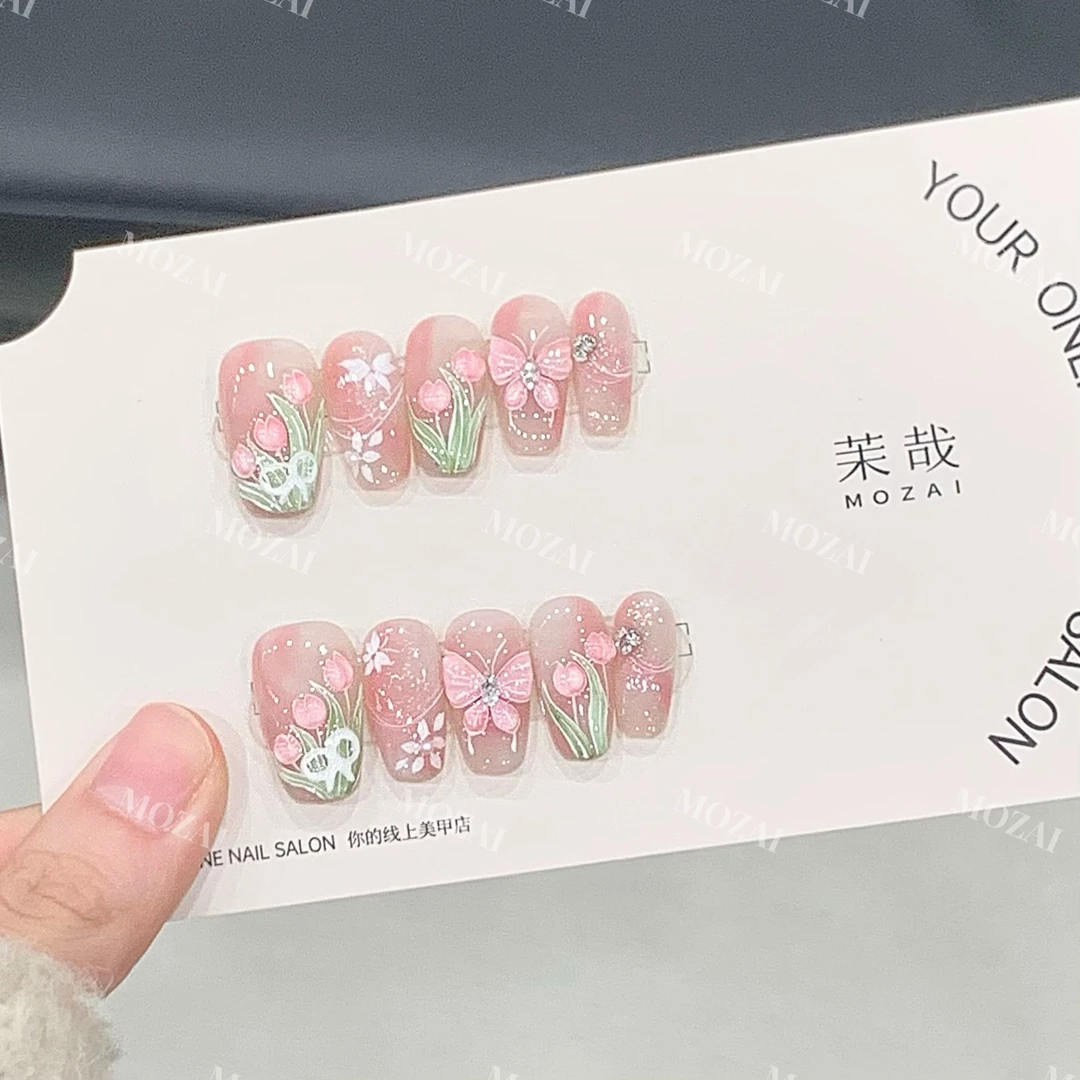 茉哉高定【水彩手绘/郁见美好】纯手工定制美甲穿戴甲F0012 t