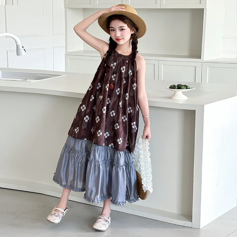 女童套装夏装2025新款洋气童装小女孩背心挂脖连衣裙儿童半身裙薄