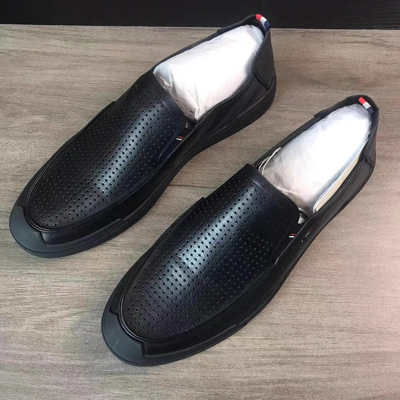 2141梦家夏季男士真皮鞋商务皮鞋一脚蹬镂空透气鞋休闲男鞋黑色