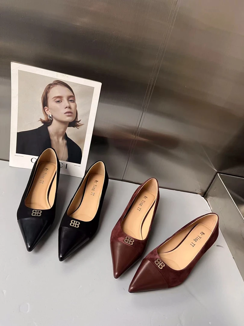 平底增高浅口女单鞋真皮气质单鞋浅口方扣女士尖头低跟细跟韩版