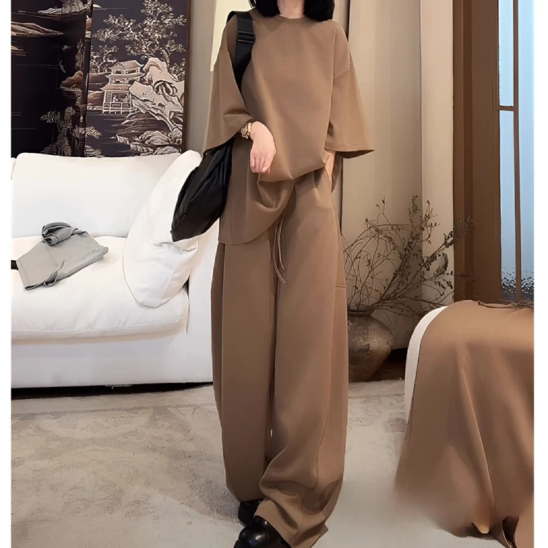 ZUOXIAQOI月亮湾情侣套装男女同款情侣宽松oversize短袖长裤一套