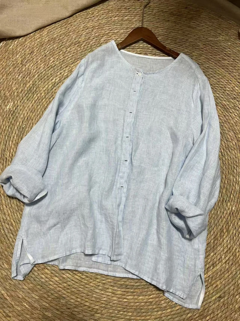 日单浅蓝色条纹纯亚麻内搭外穿双门襟衬衫