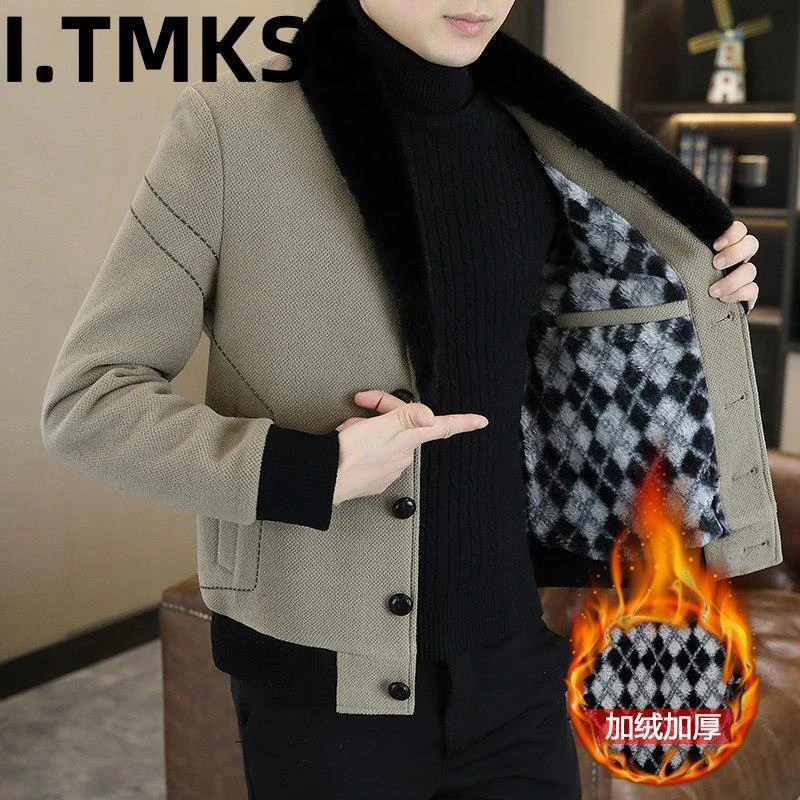 男士毛领外套秋冬季加绒加厚高端潮牌短款毛呢夹克2026新款男装朝