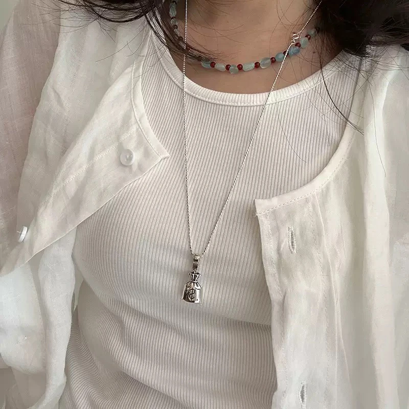 坠链均925银 925银钱袋项链女复古福袋新中式万能扣毛衣链项链