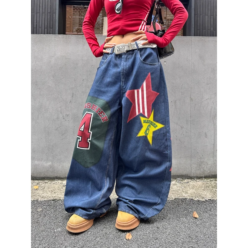 美式设计感星星数字贴布印花弯刀牛仔裤男女潮牌宽松阔腿休闲长裤
