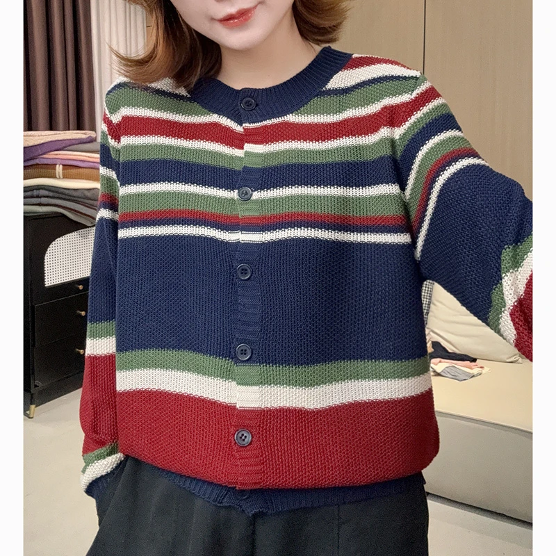 2025秋季新款棉线开衫设计感时尚条纹上衣女装圆领打底长袖女