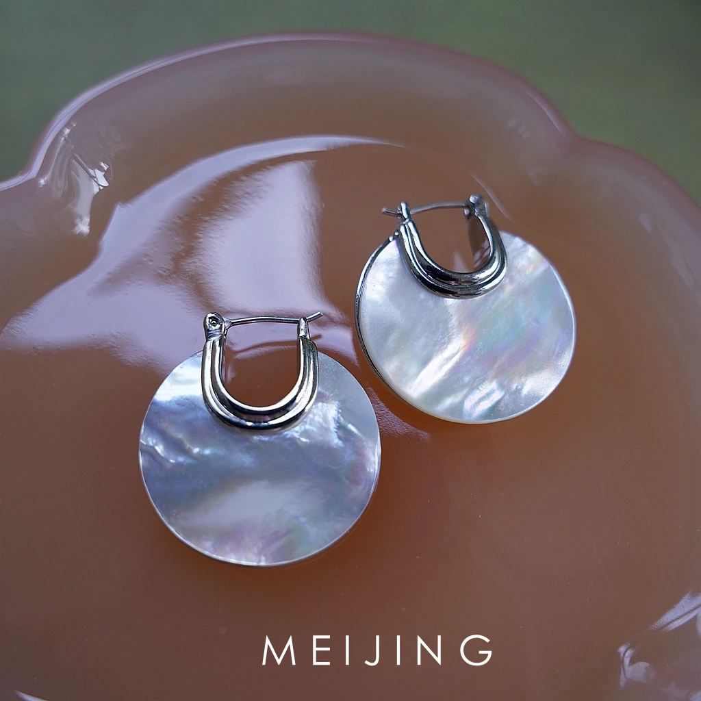 黄铜贝壳耳饰 【银月之光】小众设计感简约天然贝壳圆月耳圈耳扣