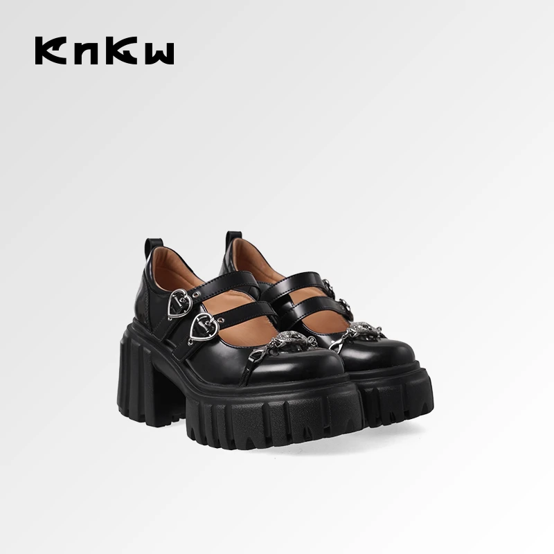 KNKW高跟方圆头玛丽珍鞋2025春夏季休闲黑色百搭女鞋W4108E088